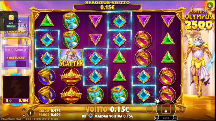 0,15 euron voitto Gates of Olympus -pelistä.