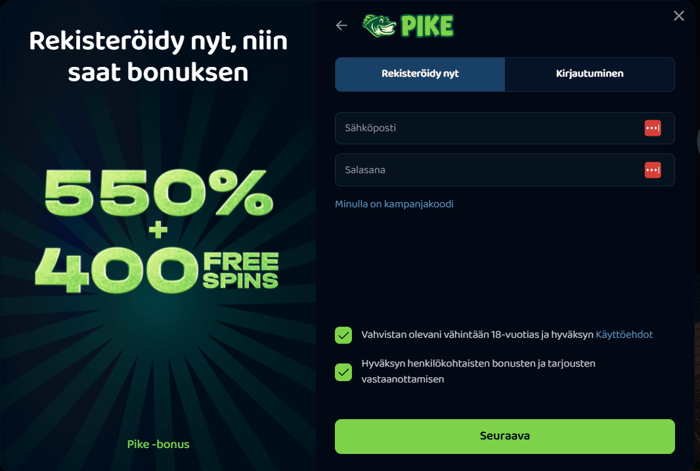 Pike Casinon ensimmäinen rekisteröitymislomake.