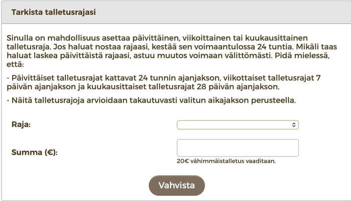 Tuuri kasinolla voi asettaa myös talletusrajat pelaamiselle.