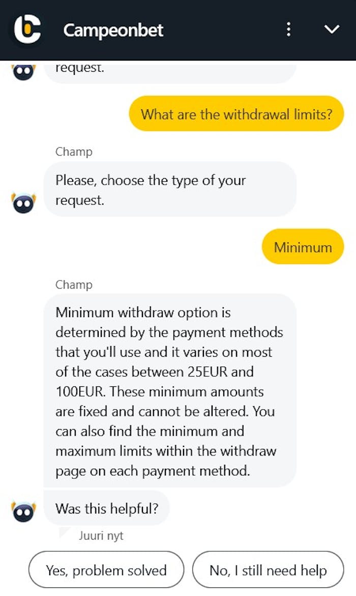 Campeonbetin asiakaspalvelun chatbot