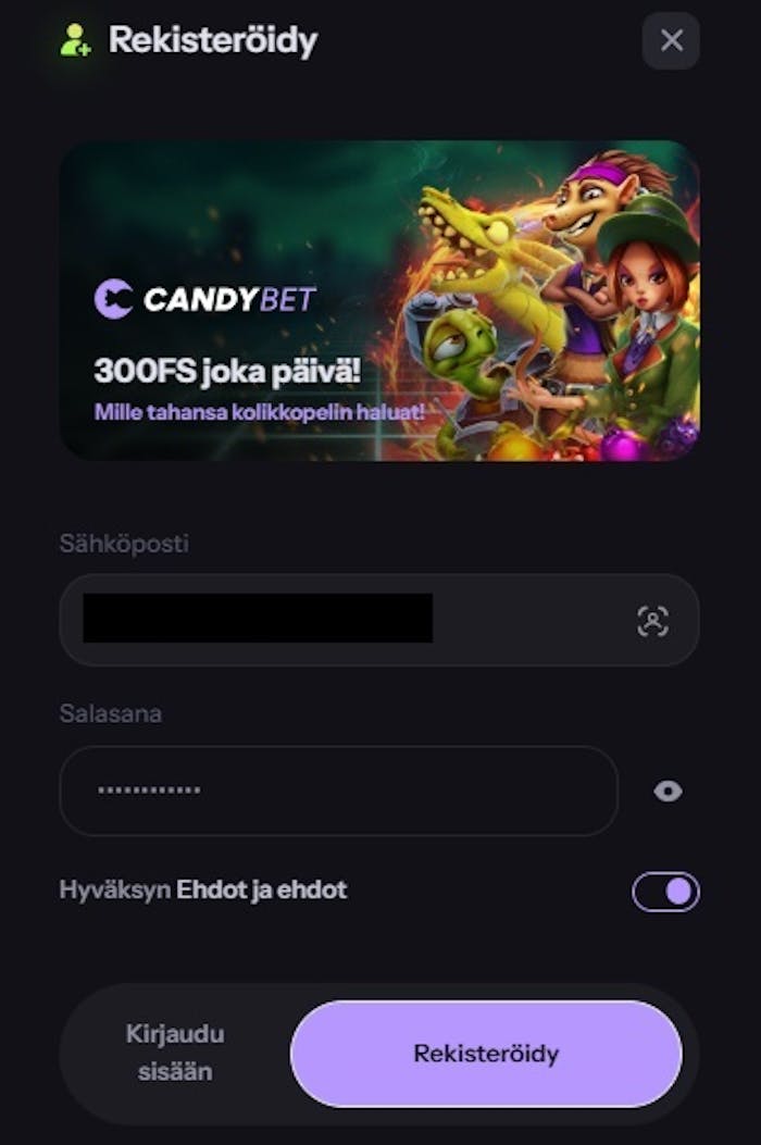 candybetilta voit lunastaa 300 ilmaiskierrosta pelamisen alkuun