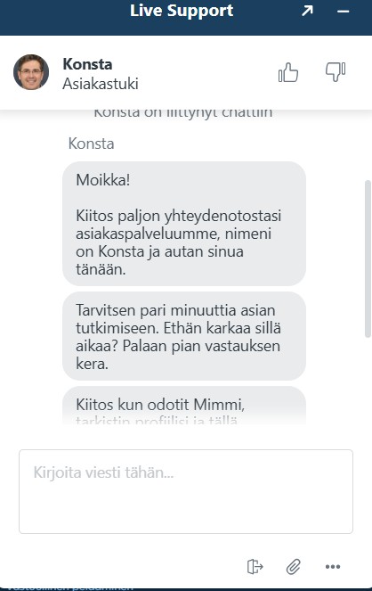 Casea kasinon asiakastuen vastaus kysymykseen.