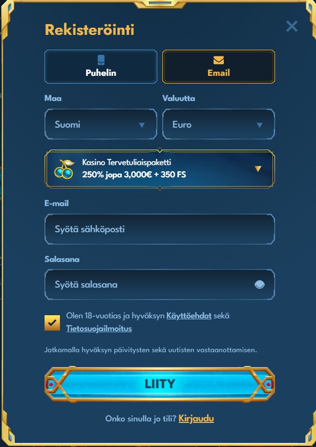 Casea Casinon rekisteröitymislomake bonuksella.