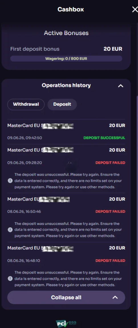 WinSpirit Casino Cashbox-talletushistoria, jossa näkyy yksi onnistunut 20 € talletus (09.06.26 klo 09:42) ja kolme epäonnistunutta talletusyritystä Mastercardilla kahtena eri päivänä.