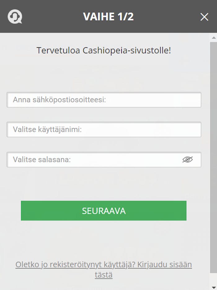 Cashiopeia kasinolle rekisteröityminen lomakkeella.