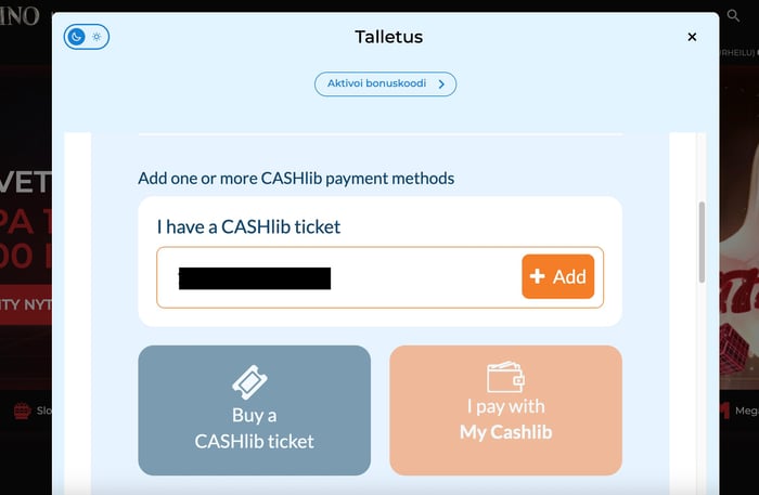 Talletus CASHlib koodilla nettikasinolla