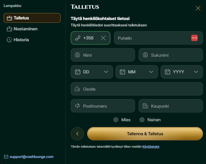 Cashlounge Casinon rekisteröityminen viimeistellään täyttämällä tarkemmat tiedot toiselle lomakkeelle.