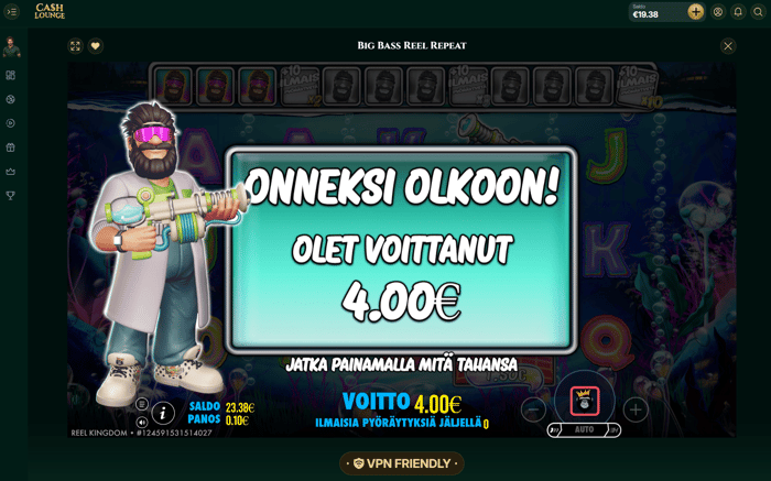 Big Bass Reel Repeat -pelin ilmaiskierrokset toivat vain neljän euron edestä voittoja.