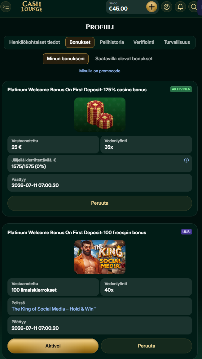 Cashlounge Casinon tervetuliaisbonus sisältää ilmaiskierroksia ja talletusbonusta.