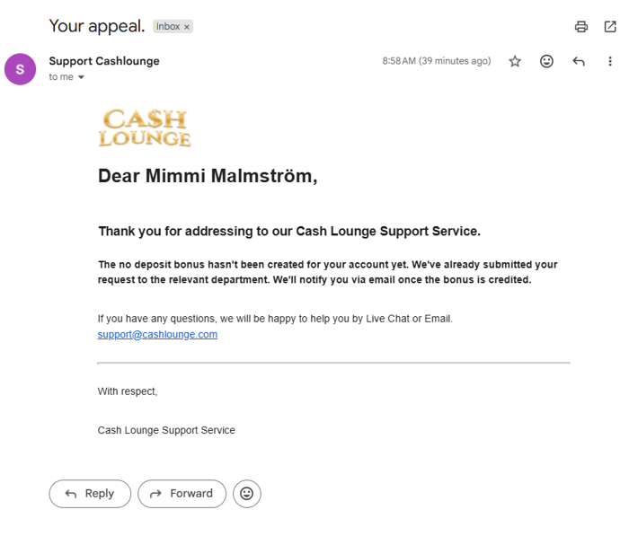 Cashlounge Casinon asiakaspalvelu vastaa melko nopeasti myös sähköpostitse.