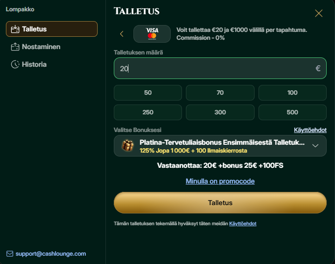 Talletuksen pääsee tekemään vasta, kun on täyttänyt kaikki tiedot kasinolle.
