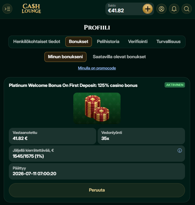 Cashlounge Casino talletusbonus kierrätys oli edennyt vasta prosentin toisen pelin jälkeen.