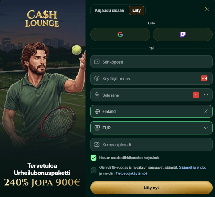 Cashlounge Casinon rekisteröityminen tehdään lomakkeella.