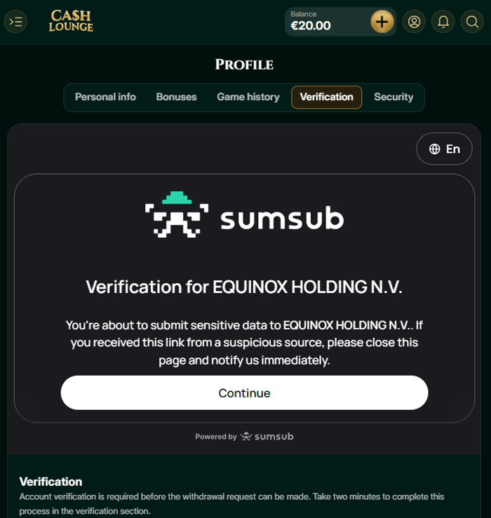 KYC-prosessi hoidetaan Sumsub-palvelun kautta Cashlounge Casinolla.