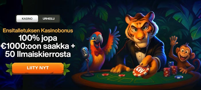 Cashwin kasinon ensitalletusbonus ja eläinhahmoja pelaamassa.
