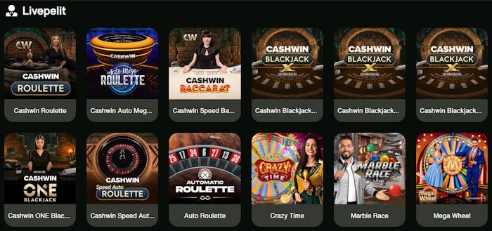 Cashwin casinon live-pelien valikoimaa.