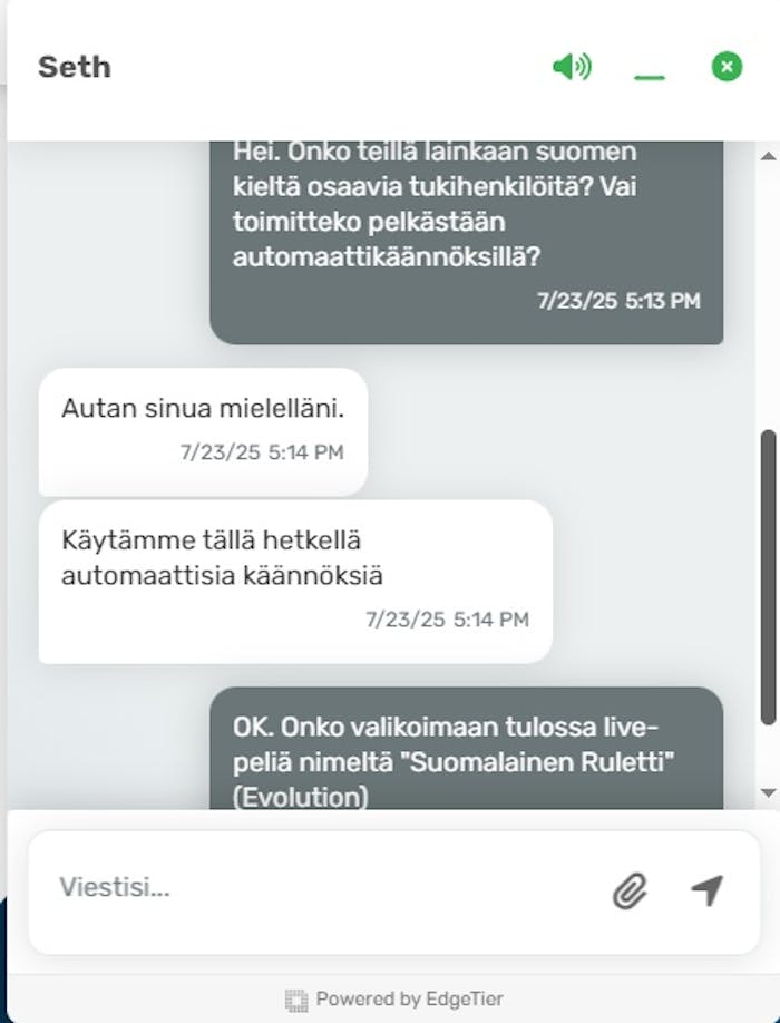 Casiku käyttää automaattikäännöksiä vastatakseen suomeksi