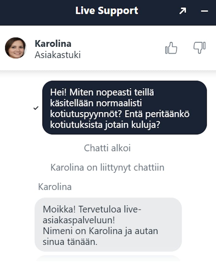 Casinadon asiakaspalvelu chat, jossa tiedustellaan kotiutusten nopeudesta ja kuluista.