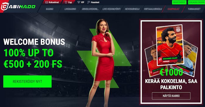 Casinadon etusivu, jossa esitell??n kasinon tervetuliaistarjous uusille pelaajille.