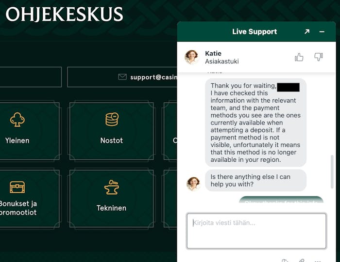 Keskustelu Casinia Casinon live-chatissa
