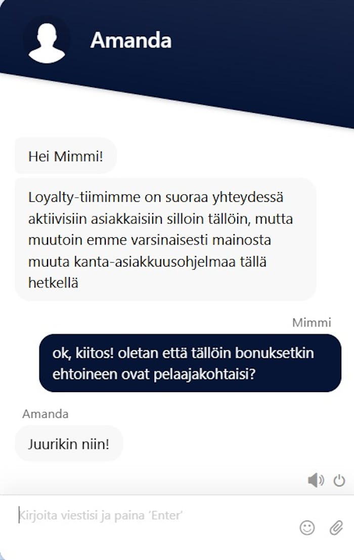 Casinobud live-chat vastaus Mimmin kanta-asiakkuusohjelmaa koskevaan kysymykseen.
