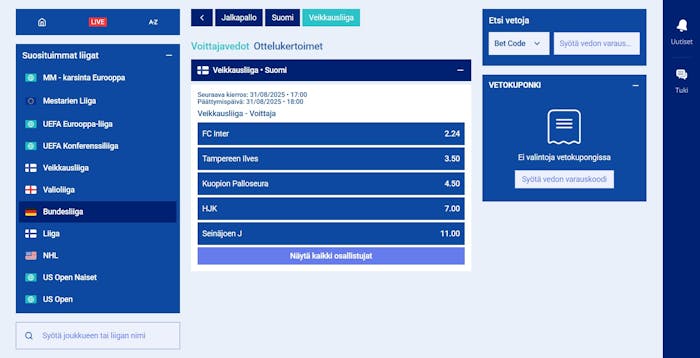 Casinobud vedonlyönti sisältää useita suosittuja kohteita, kuten suomalainen Veikkausliiga.