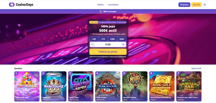 Casino Days kasinon etusivulla teet nopean talletuksen ja lunastat 100 % bonuksen jopa 500 € asti.