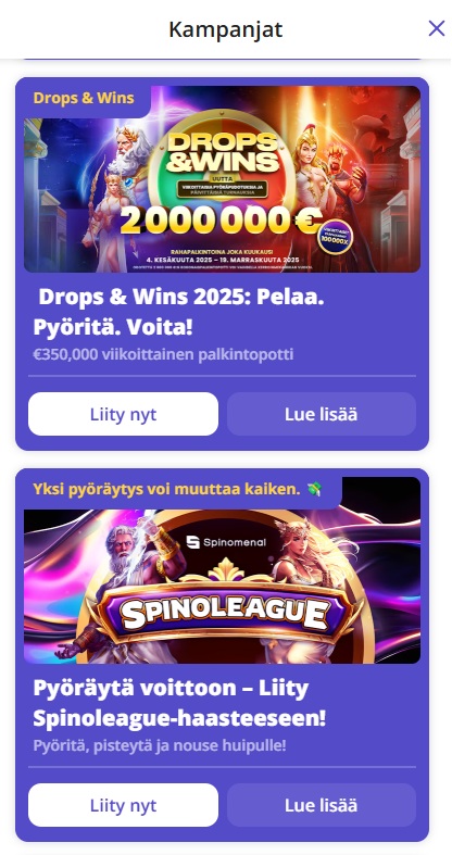 Casino Days kasinon kampanjoissa on Drops & Wins turnauksia ja Spinoleague-kilpailu.