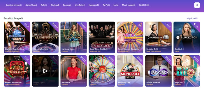 Casino Days live-kasino tarjoaa suosittuja livepelejä, kuten Diamond Rush, Lightning Storm ja Sweet Bonanza.
