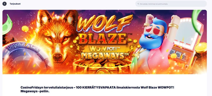 Casino Friday tarjoaa tervetuliaisetuna ensitalletukselle 100 ilmaiskierrosta Wolf Blaze -peliin.