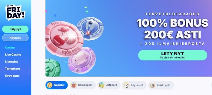 Casino Fridayn tervetuliaisbonus on 100 % bonus 200 euroon sekä lisäksi 200 ilmaiskierrosta.