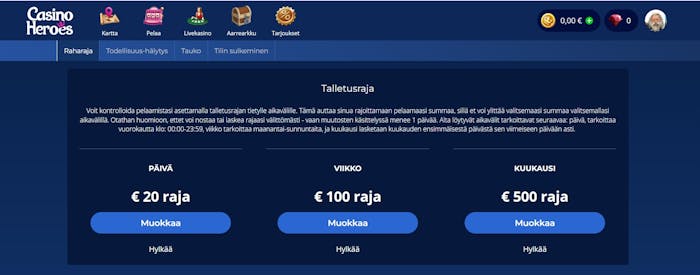 Casino Heroesin vastuullisen pelaamisen työkaluista löytyvät itse asetettavat talletusrajat.
