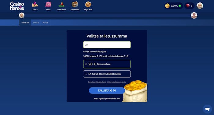 Casino Heroes tervetulobonus näyttää kuinka paljon bonusrahaa saat. Voit myös valita olla tervetuliaisbonusta.