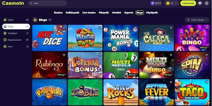 Casionin bingo on videobingoa, kuten Multi Mega Bingo, Wild Rocks ja Bugs Party.