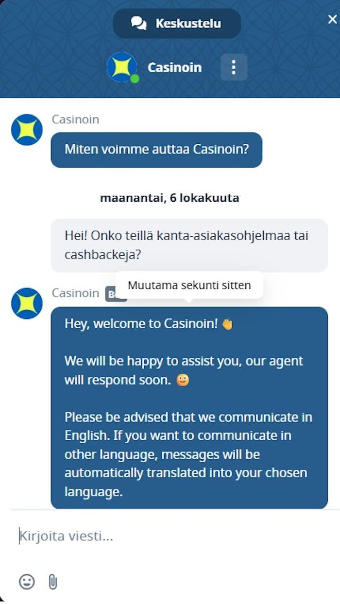 Casionin Casino live-chat kysymys kanta-asiakasohjelmasta ja cashback bonuksista. 