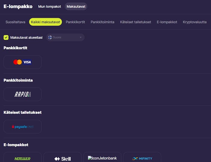 Casionin Casinon maksutapoihin kuuluvat Visa, Rapid Transfer, Paysafecard, Neteller, Skrill, Jeton ja MiFinity.