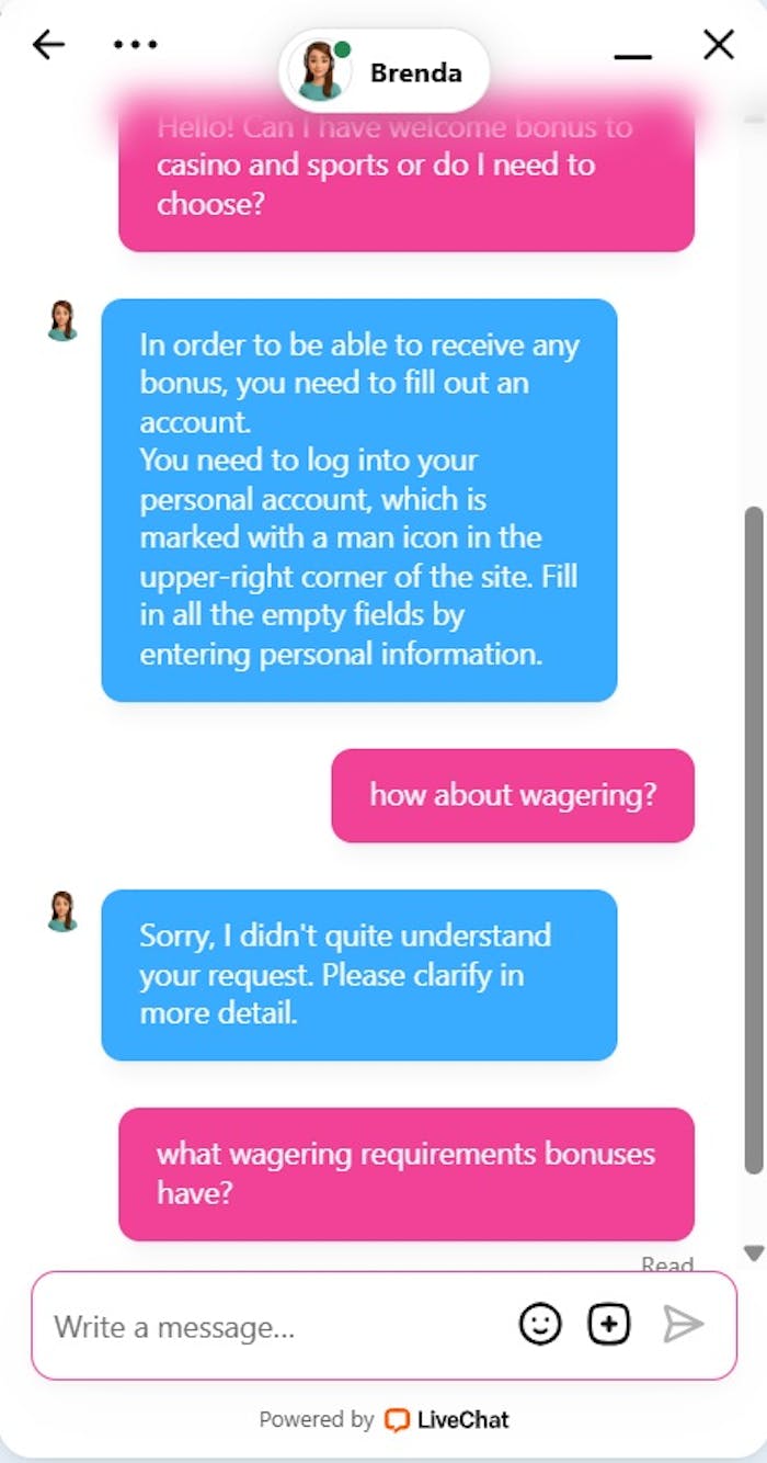 Casino Joy live-chat vastaa bonuksia koskeviin kysymyksiin englanniksi.