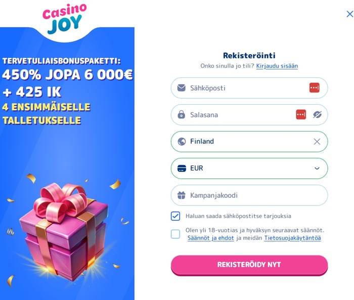 Casino Joy rekisteröinti tapahtuu perinteiseen tapaan lomakkeella.