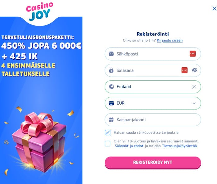 Casino Joy rekisteröinti tapahtuu perinteiseen tapaan lomakkeella.