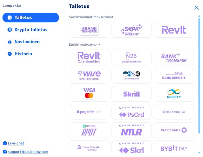 Casino Joy talletus tapahtuu esimerkiksi Visalla, Skrillillä tai Revolutilla.