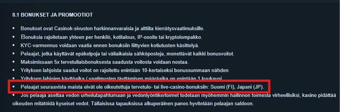 CasinOKn bonusehtojen kohta, joka rajaa suomalaiset tervetuliaisbonusten ulkopuolelle.