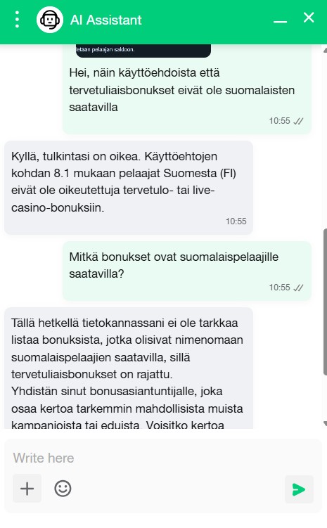Ensimmäinen yhteydenotto CasinOKn livechattiin.
