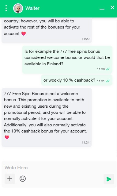 Oikean asiakaspalvelijan vastaus CasinOKn live chatissa.