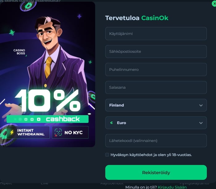 CasinOK kasinon rekisteröitymislomake.