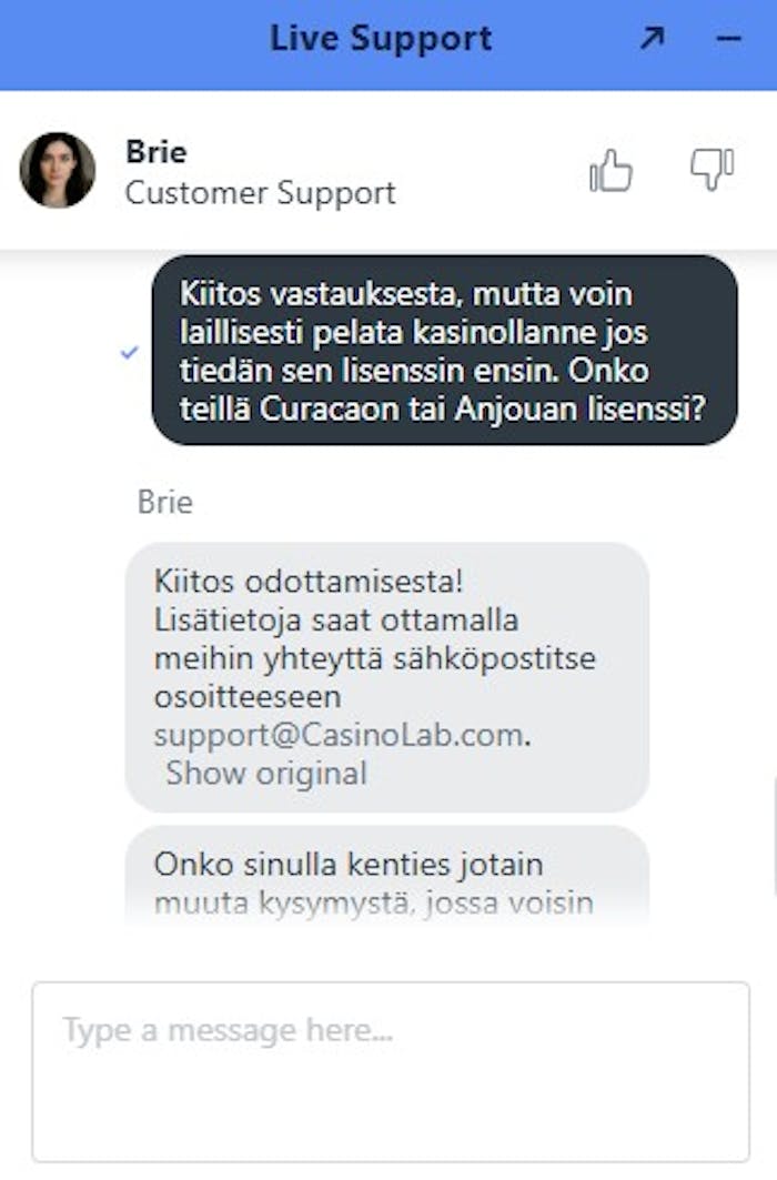Keskustelu Casinolabin asiakaspalvelijan kanssa.