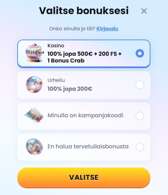 Casinolabin ensitalletusbonus uusille asiakkaille valitaan rekisteröityessä.