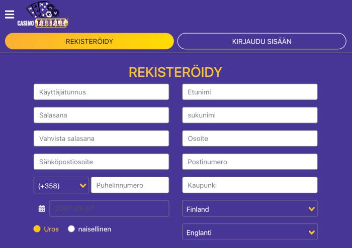 Täytä rekisteröitymislomake luodaksesi tilin Casino Purplelle