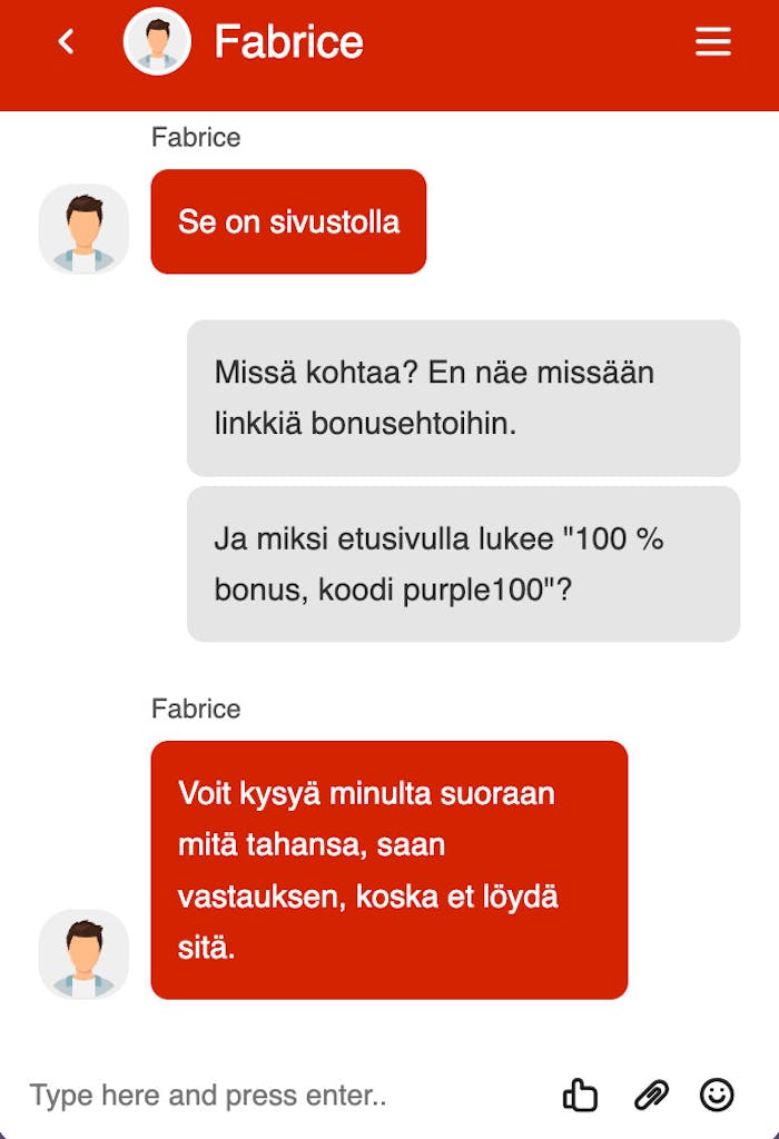 Olin yhteydessä Casino Purplen asiakaspalveluun chatin kautta
