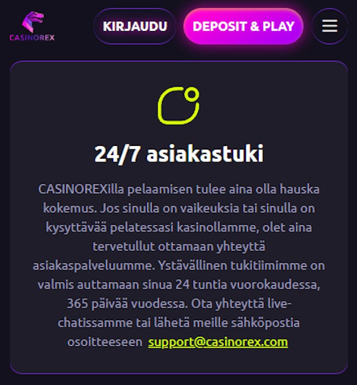 Casinorexin asiakastuen yhteydenottokanavat esiteltynä.