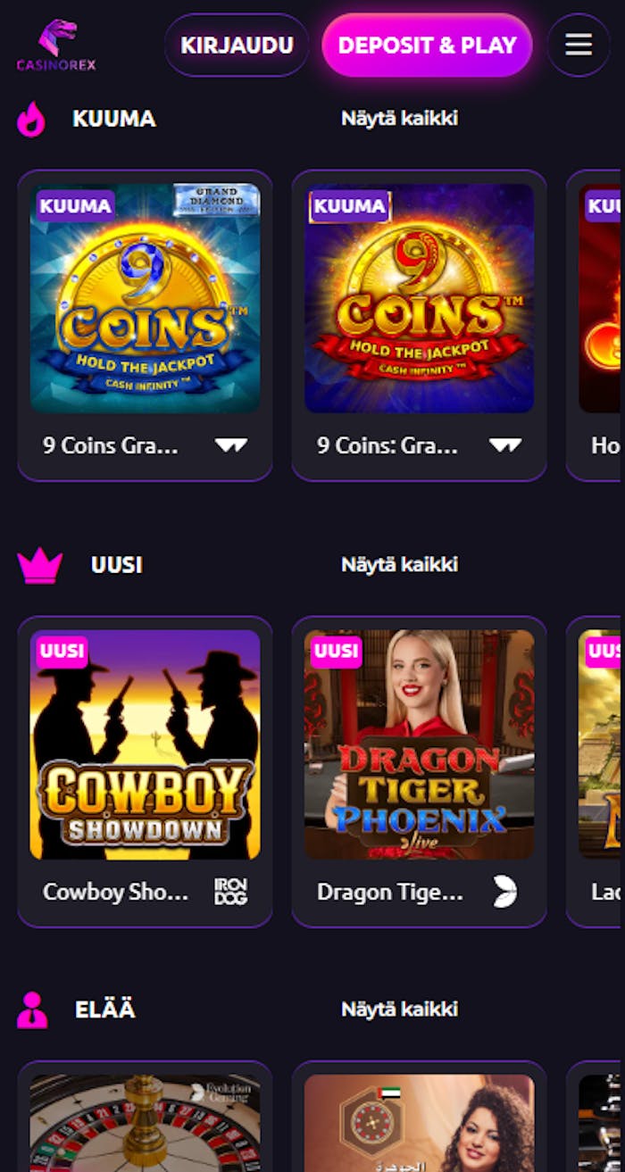 Casinorexin peliaula, jossa esitellään muun muassa uusia pelejä ja live-pelejä.